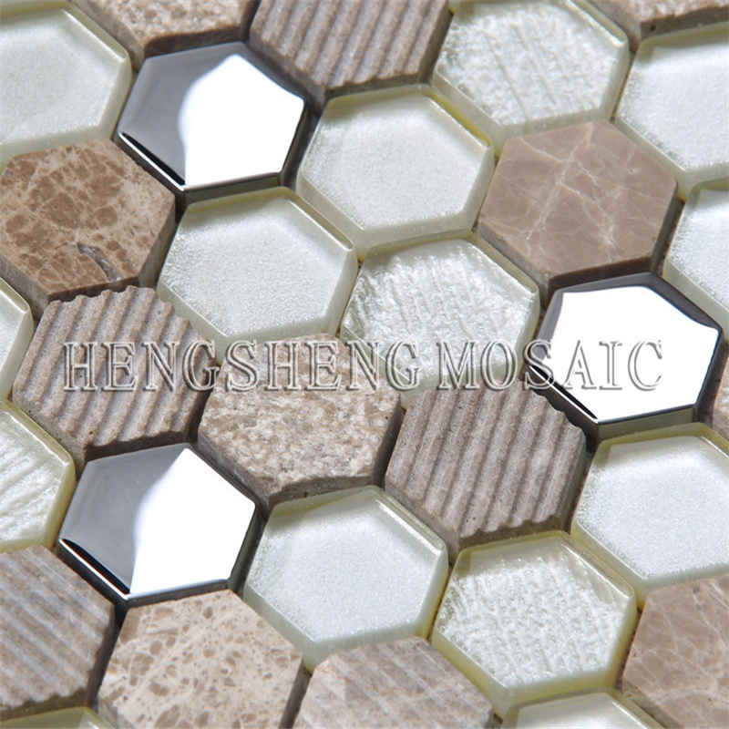 Glitter Silver Plating Kolorowy Hexagon Ceramic Wall Tile Kitchen Backsplash Glass Mosaic