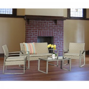 4 Sztuka Na Zewnątrz Zestaw do Rozmowy Patio Ogród Basen Trawnik Rattan Wiklina Loveseat Sofa Amortyzowany Siedzisko i Szklany Blat Zestaw Stolik Meble