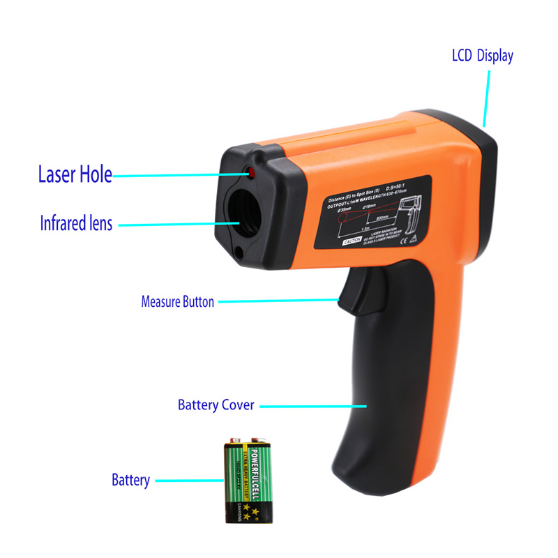 Laserowy pistolet temperatury Kontaktowy termometr na podczerwień Pirometr -50 ~ 1600 Emisyjność Regulowana