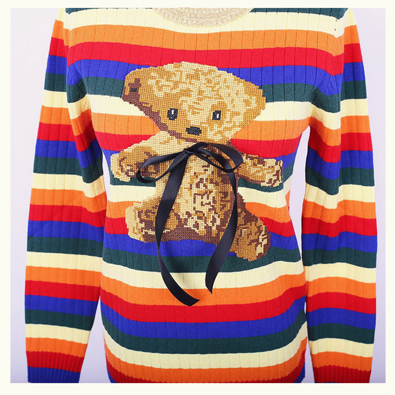 Custom ODM Miś Intarsia Rainbow Strips Damski sweter z tkaniny