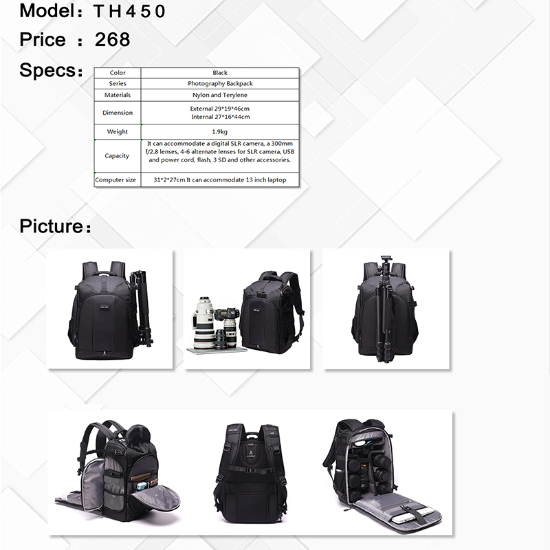 DIAT TH450 NOWY nowoczesny nylon wodoodporny czarny aparat fotograficzny plecak osłona przeciwdeszczowa plecak na statyw