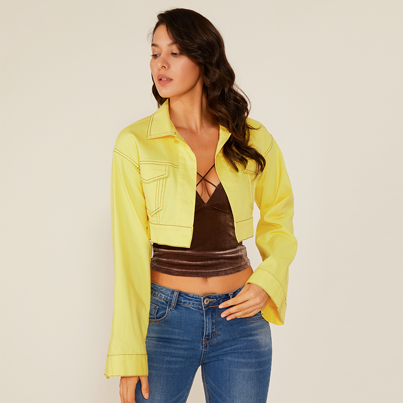 Kobiety Summer Fashion Style Żółty Długi rękaw Neonowa seksowna krótka kurtka