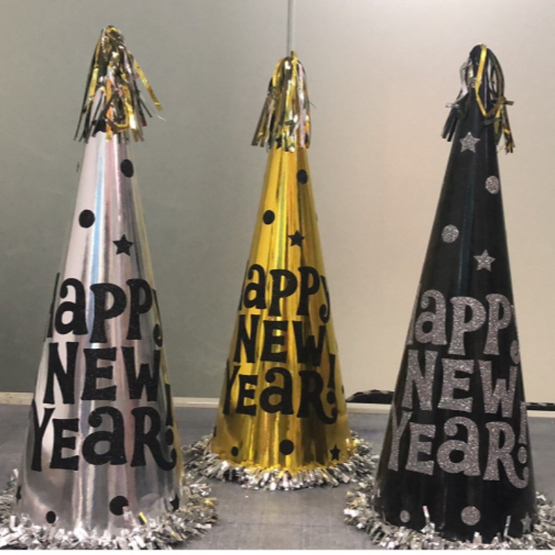 Szczęśliwego Nowego Roku Foil Frenged Cone Hats Paper with Glitter
