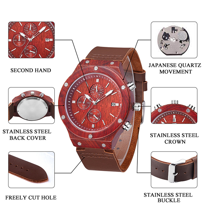 2019 Nowy czerwony miękki skórzany pasek Zegarek z drewna sandałowego z tarczą zegarową