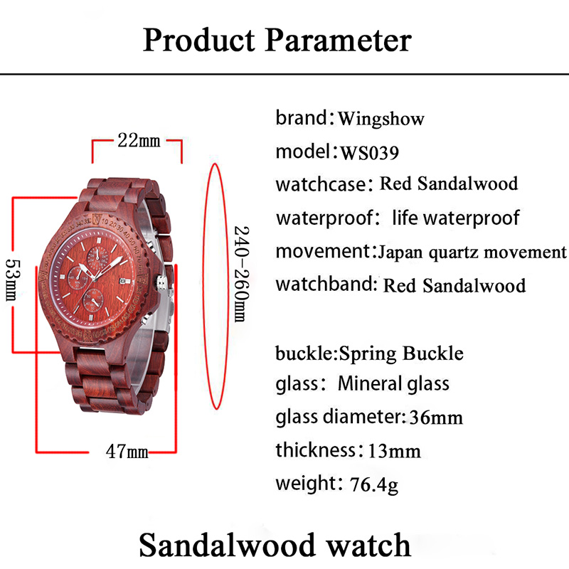 Klasyczny męski zegarek z dużą tarczą kwarcową z czerwonym drzewem sandałowym