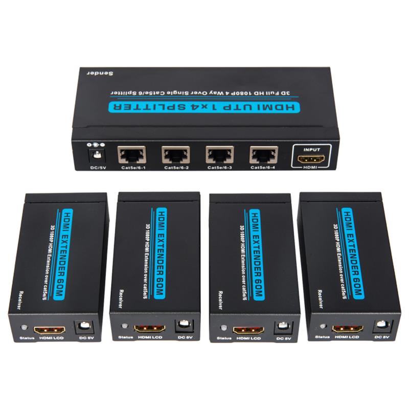 4 porty Rozdzielacz HDMI UTP 1x4 na pojedynczym Cat5e / 6 Z 4 odbiornikami do 60m