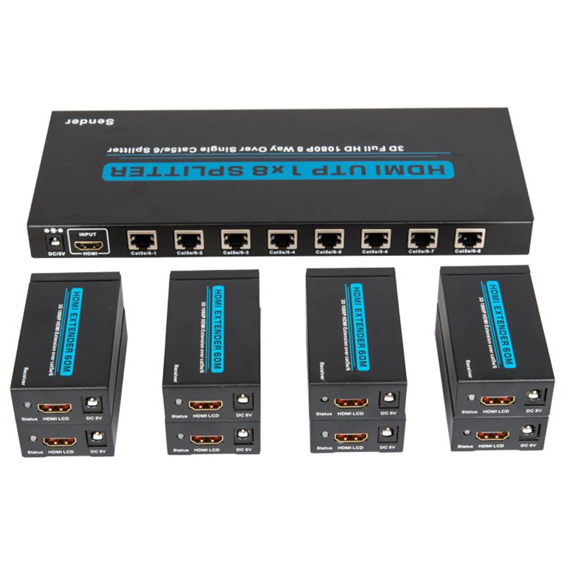 8 portów HDMI UTP 1x8 Splitter nad pojedynczym Cat5e / 6 Z 8 odbiornikami do 60m