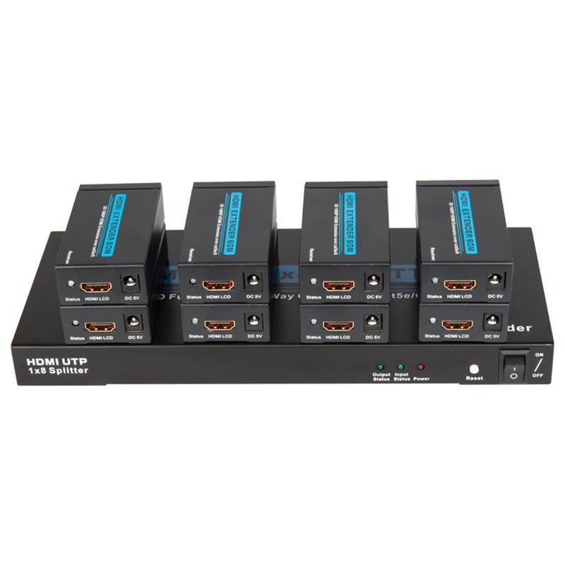 8 portów HDMI UTP 1x8 Splitter nad pojedynczym Cat5e / 6 Z 8 odbiornikami do 60m