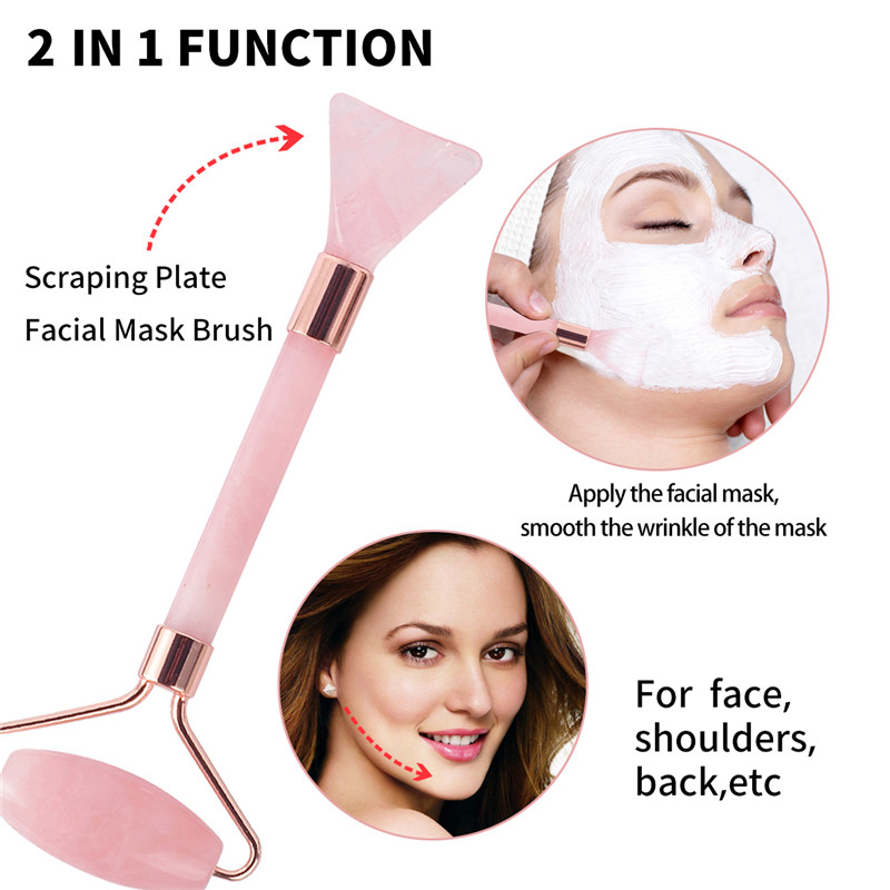 Jadeitowa Roller, 100% Roller z Rose Quarc + Scraping Plate &R Mask Brush and Face Cleaning Brush 4 Functional Face Massager for Face Eye Neck Body