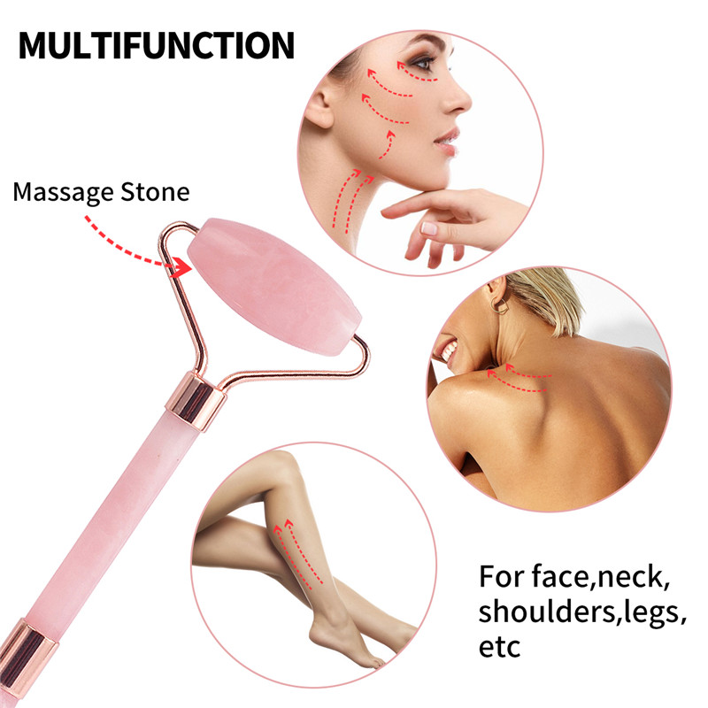 Jadeitowa Roller, 100% Roller z Rose Quarc + Scraping Plate &R Mask Brush and Face Cleaning Brush 4 Functional Face Massager for Face Eye Neck Body