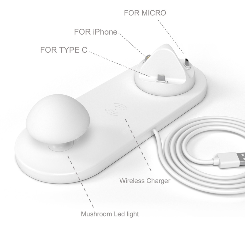 Bezprzewodowa podstawa ładująca 3 w 1 Lampa z kranu w kształcie grzyba Ładowarka USB z wieloma portami Lampka nocna w kształcie grzyba - biała