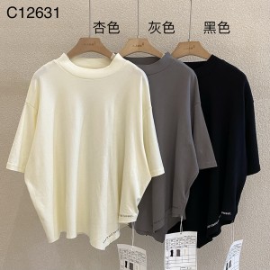 luźno dopasowany projekt Minimalst Round Collar Styl Stitched rękaw Casual Solid color bawełna i bielizna przerośnięta na zamówienie 12631 T-Shirts