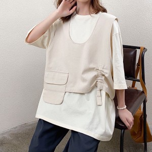 Luźny krój Minimalistyczny Okrągły kołnierzyk Styl zszywanymi rękawami Casual Jednokolorowa bawełna i len Ponadgabarytowe niestandardowe 19527 T-shirty + kamizelki