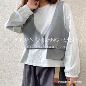 luźno dopasowany projekt Minimalst Round Collar style Stitched rękaw Casual Solid color bawełna i bielizna przerośnięte indywidualne koszulki 19608