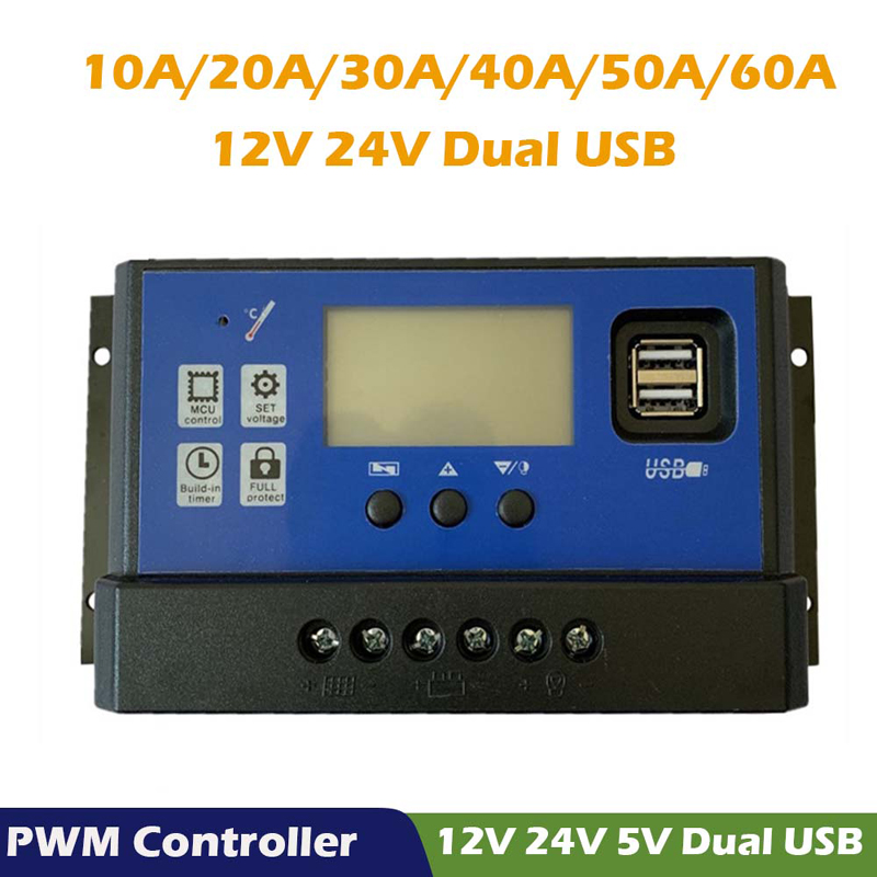 PWM Solar Carger Controller 60A 50A 40A 30A 20A 10A 12V 24 V Ładowarka baterii LCD Dual USB Regulator panelu słonecznego Max 50 V PV
