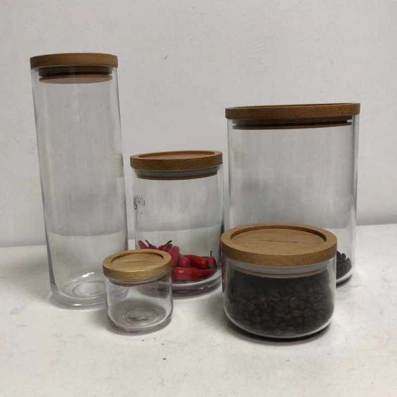 Clear Glass Food Magazyn Canister Jar Kolekcja z ciasną drewnianą pokrywą