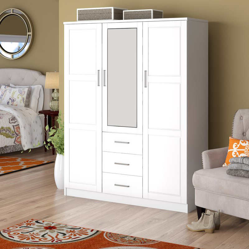 MWD22008-LITE Drewniana szafa dla rodzinynclosetncloset, 3-drzwiowa szafa z lustrem i 3 szufladami, biały.