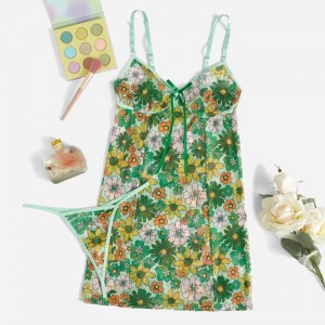Spring Floral Print Cami Tie Bow Front Slip z seksownym kontrastowym stringi