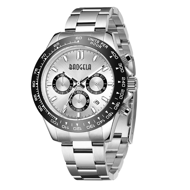 Baogela Mężczyźni oglądająnajlepsze marki luksusowe sportowe zegarki kwarcowe ze stalinierdzewnej Wodoodporna chronograf 2210 Czarna biała