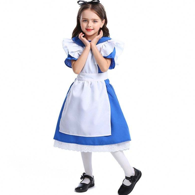 Girls Halloween Ruffle Trim Tape Blue Alice in Wonderland Cosplay Kids with White Fartuch 4-12 lat DGHC-070