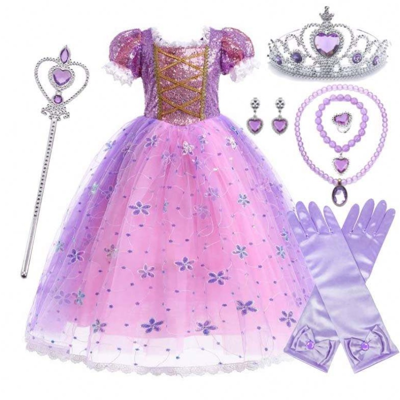 Girls Princess Costume Rapunzel Puff Sleeve cekinowa cosplay sukienka fioletowa z akcesoriami HCRS-007
