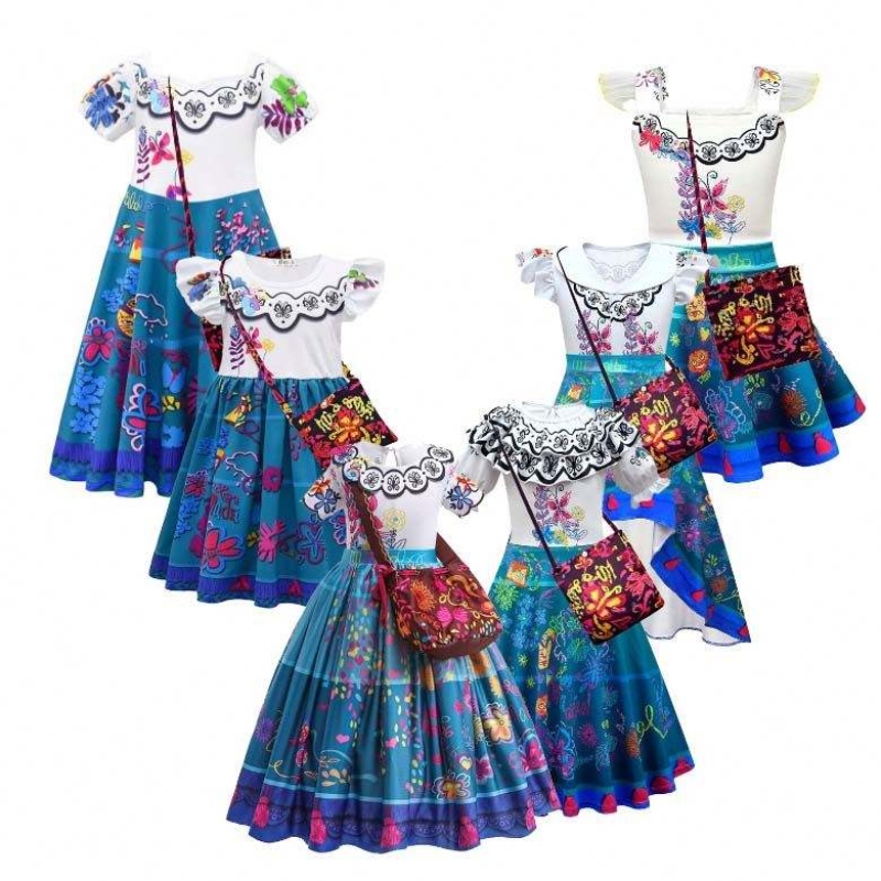 2022 Children Encanto Madrigal Princess spódnice Blue Mirabel Sukienka z Encanto z torbą 100-160 cm HCIS-001