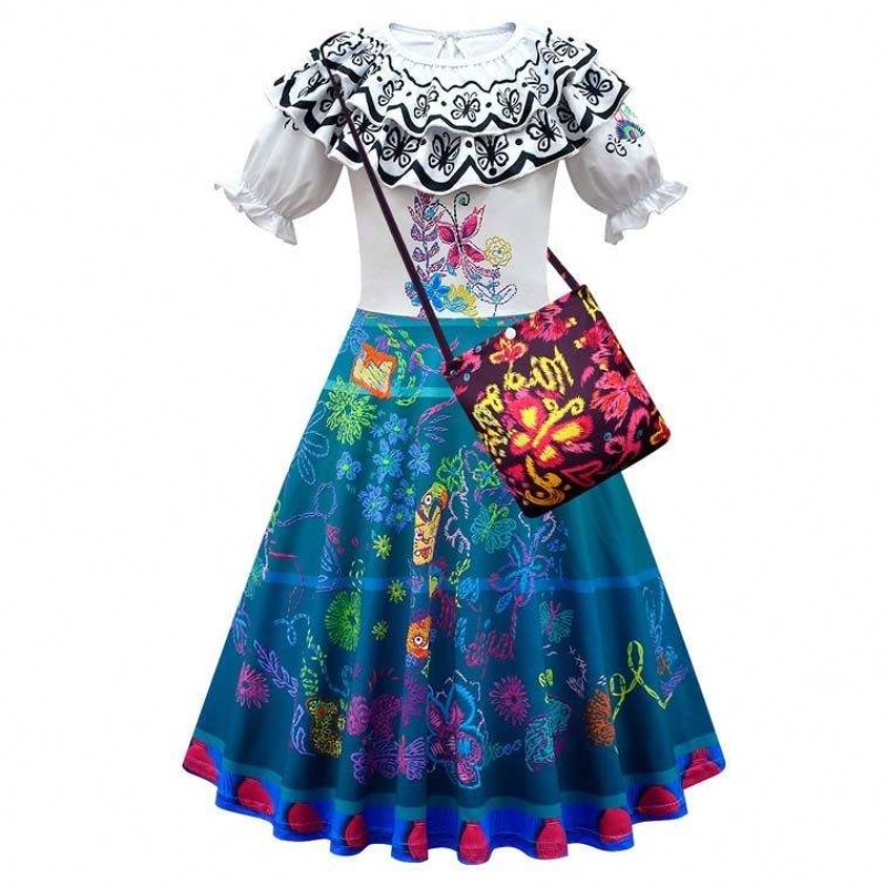 2022 Children Encanto Madrigal Princess spódnice Blue Mirabel Sukienka z Encanto z torbą 100-160 cm HCIS-001