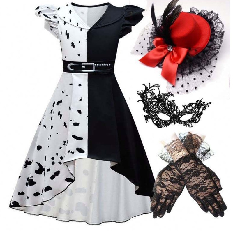 Halloween Cosplay Costume Girls Black White Rola Plaga Cruella Costume Pełny zestaw DGHC-141