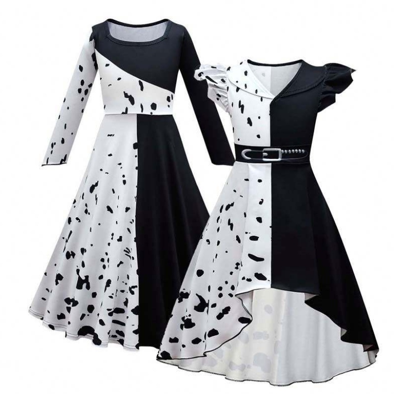 Halloween Cosplay Costume Girls Black White Rola Plaga Cruella Costume Pełny zestaw DGHC-141