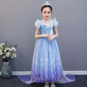 Baige 2021 Nowaniebieska sukienka Elsa Anna Girl Party Cosplay ubiera się w księżniczkę z ręcznie robionymnaszyjnikiem i długą peleryną