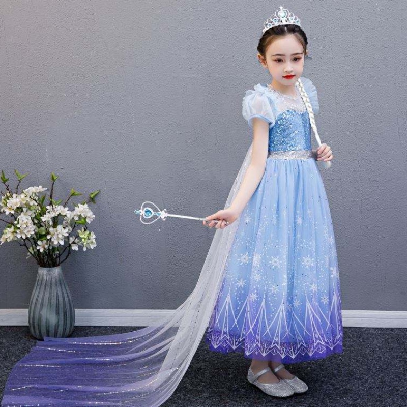 Baige 2021 Nowaniebieska sukienka Elsa Anna Girl Party Cosplay ubiera się w księżniczkę z ręcznie robionymnaszyjnikiem i długą peleryną