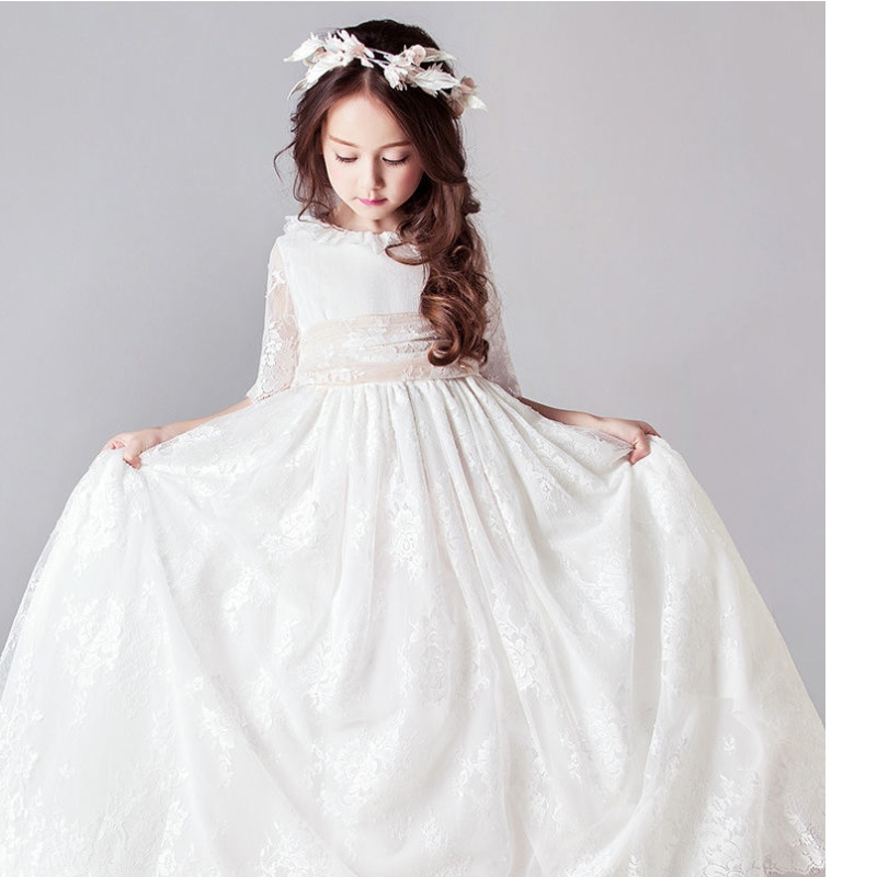 Długie białe sukienki dla dzieci dziewczyny księżniczka eleganckie weselne dzieciaki Druhna z koronką sukienkę wieczorną suknię 3 6 14 lat