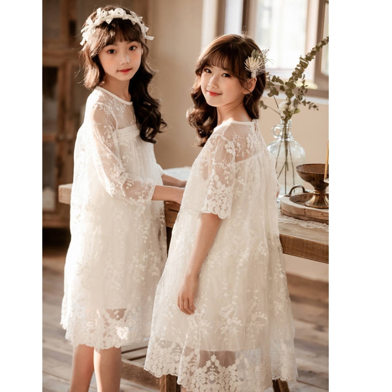 Nowa letnia bawełniana przędza sieci koronkowe sukienki dziewczynki dla dzieci spódnica ubrania 3-14 lat białej sukienki księżniczki