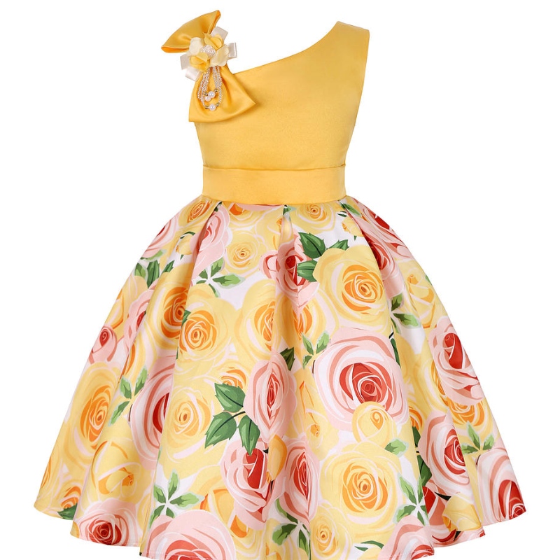 Summer Girls Rose Print Sukienka Princess Wedding Birthday Impreza Satynowe dzieci Sukienki dla dziewczyn świątecznych ubrania