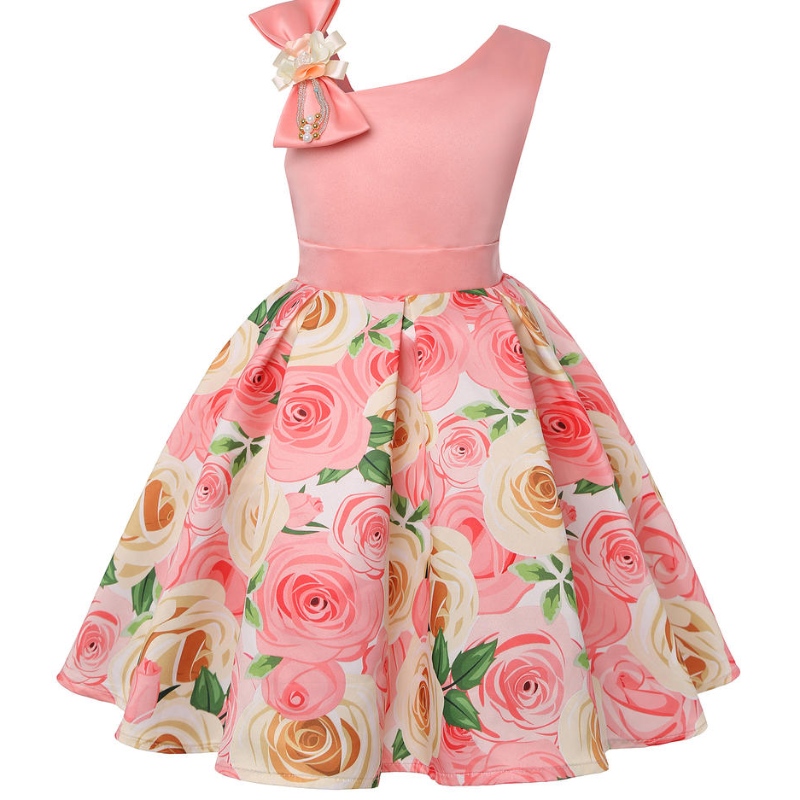 Summer Girls Rose Print Sukienka Princess Wedding Birthday Impreza Satynowe dzieci Sukienki dla dziewczyn świątecznych ubrania