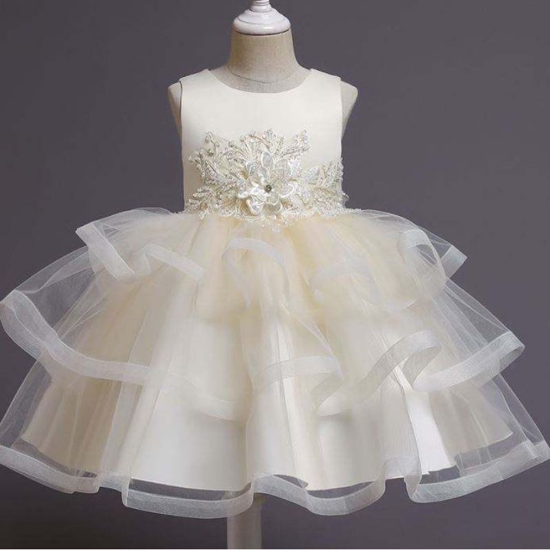 Baige Flower Girl Dress Dress Party Funt Baby Tutu Princess Sukienka z koralikami Długość urodzinowa odzież