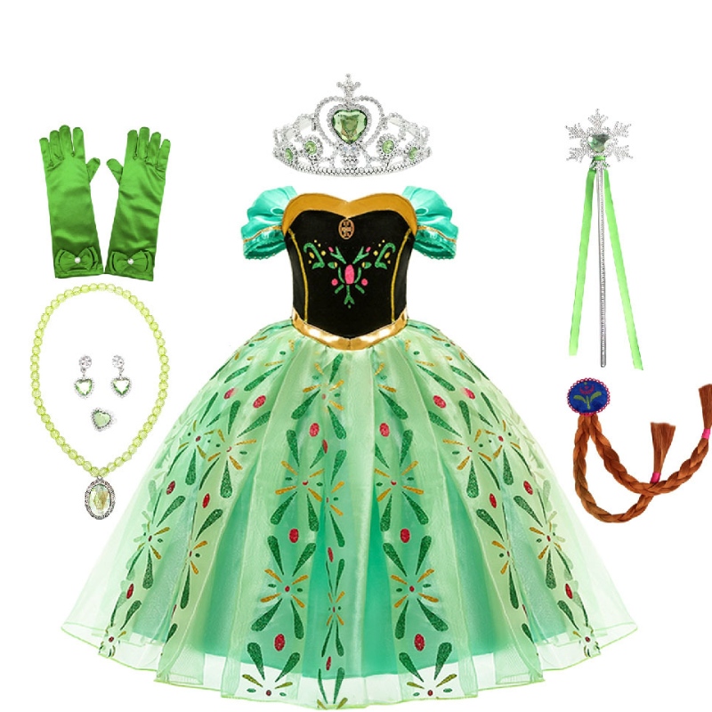 Anna Princess Girls Green Dress Kostium dla dzieci z pełnym akcesoriamina imprezę dorosłą