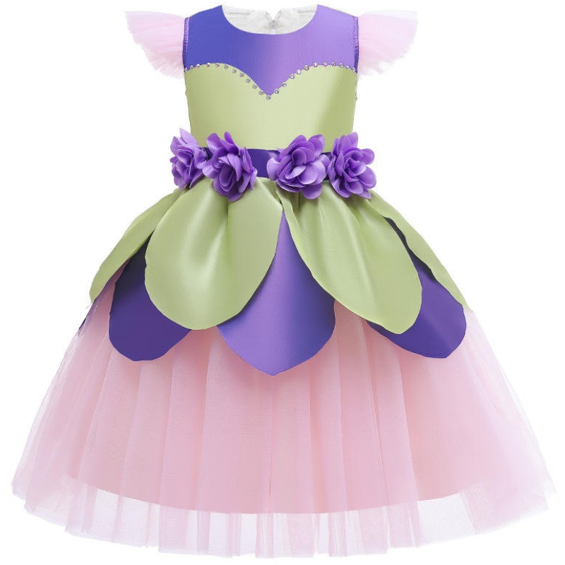 Flower Fairy Dress Dziewczyna Purple Pink Patchwork Tiul Ubranie Śliczne latające rękawie dziecięce kostiumy