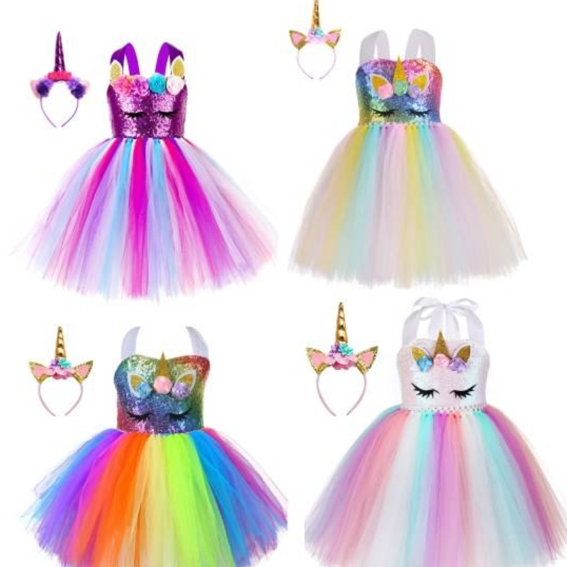 Kid Toddler Girl Birthday Ball Party Cosplay Cosplay LED LIGHT UP Rainbow Unicorn Puszysta warstwowa tiulowa sukienka Tutu z opaskąna głowę