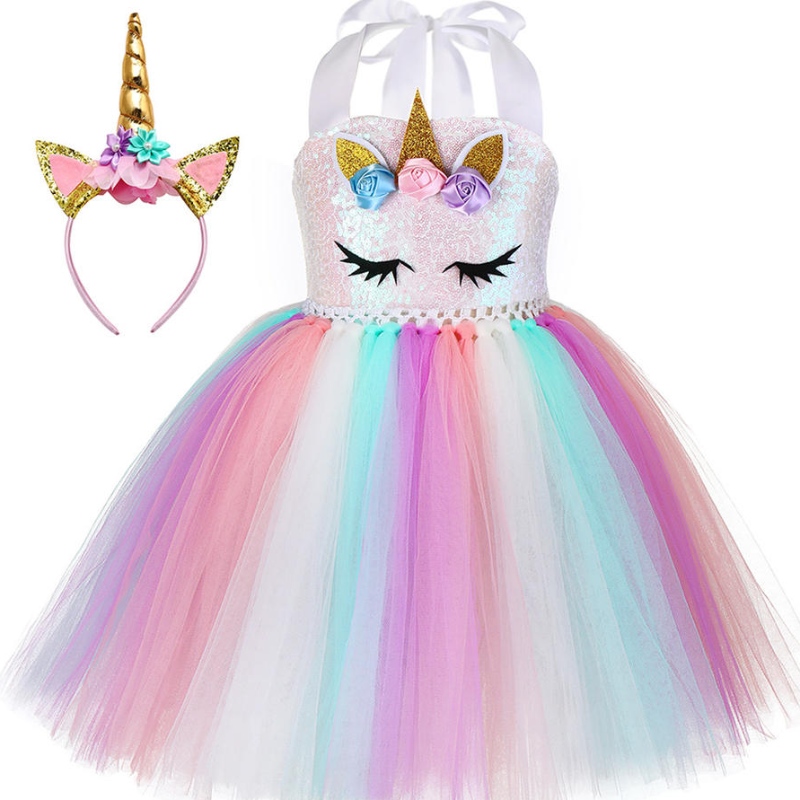 Kid Toddler Girl Birthday Ball Party Cosplay Cosplay LED LIGHT UP Rainbow Unicorn Puszysta warstwowa tiulowa sukienka Tutu z opaskąna głowę