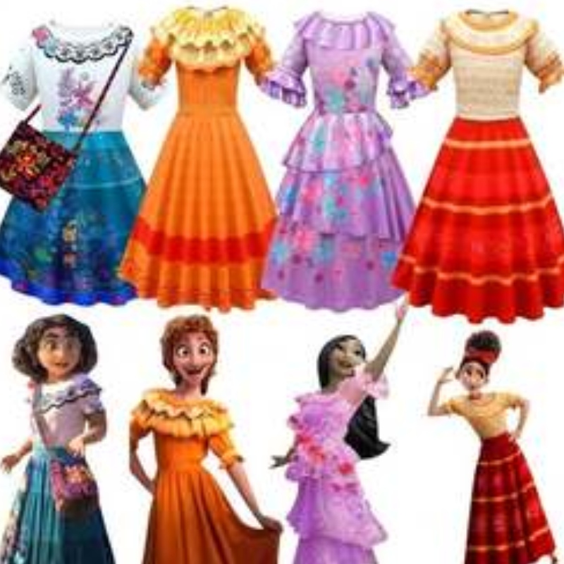 Baige Kids Girls Encanto Mirabel Cosplay Sukienka z torbą Halloween karnawałowy kostium garnituru