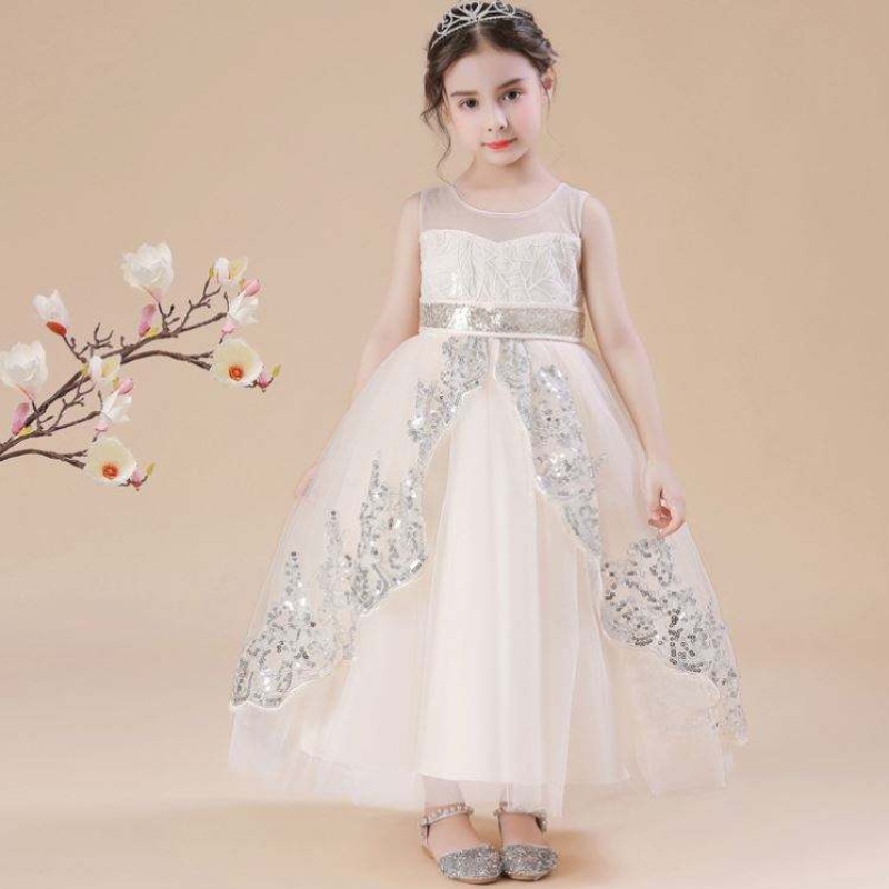 Baige Flower Girl Dress Białe dzieciaki dziewczynki cekinowa sukienka weselna księżniczka suknia balowa