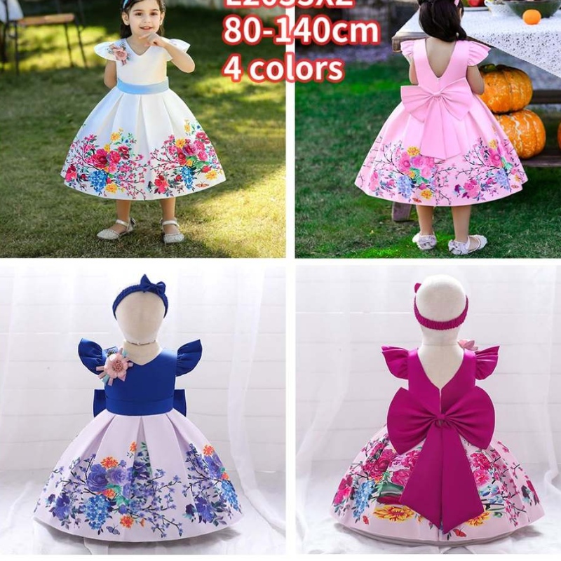 Baige Big Bow Christmas Flower Girl Party Princess Dress Baige Print V-Back Birthday Ball Suknia L2033xz