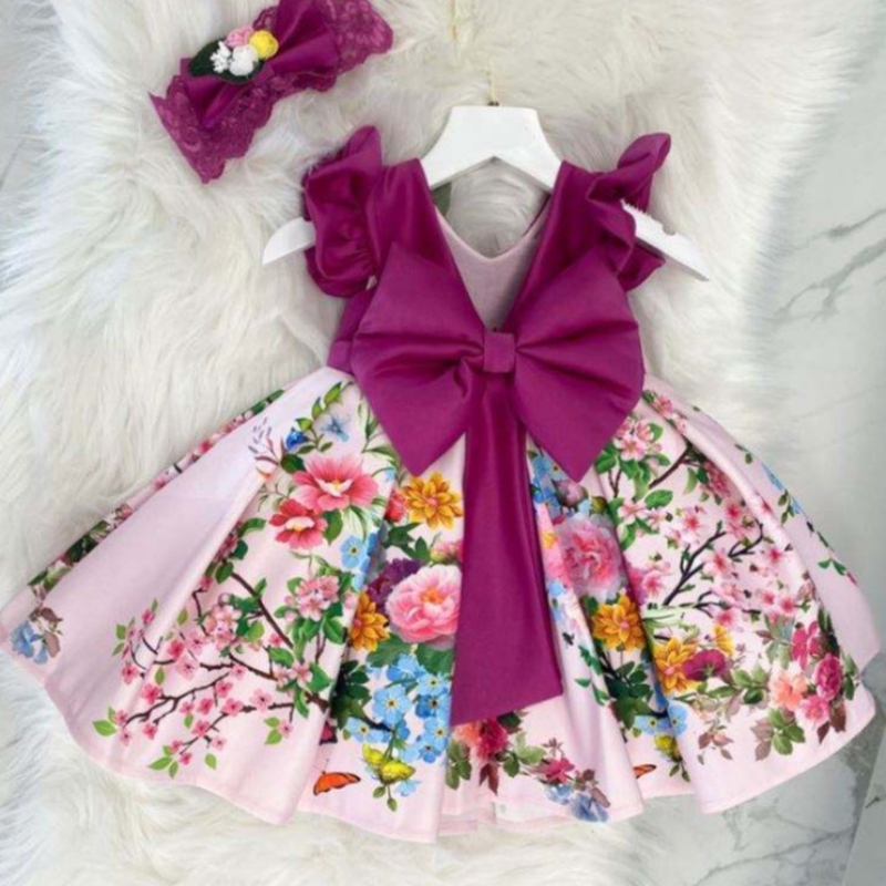 Baige Big Bow Christmas Flower Girl Party Princess Dress Baige Print V-Back Birthday Ball Suknia L2033xz