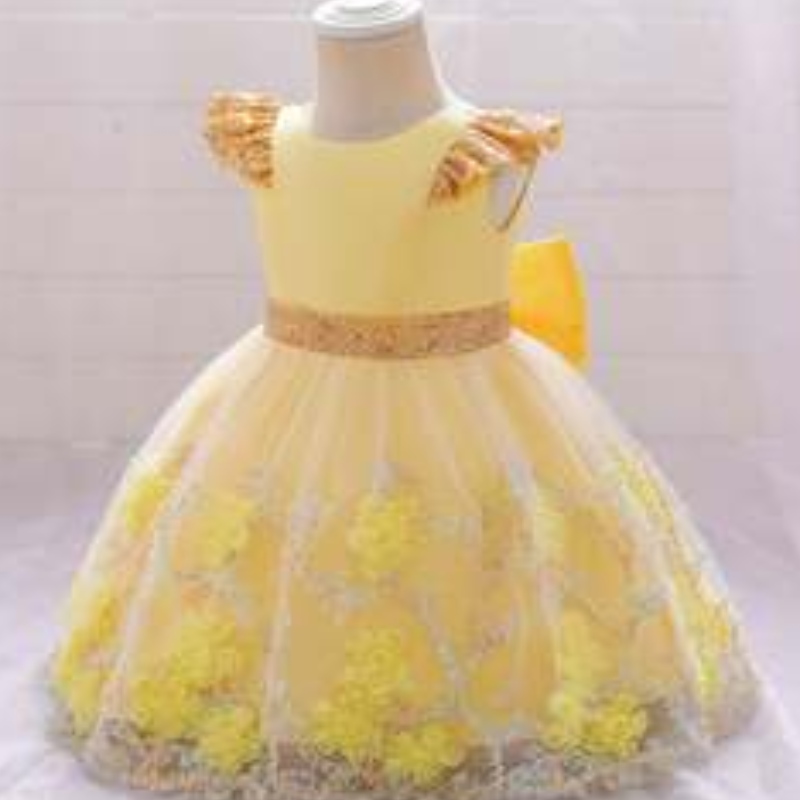 Baige Yellow Flower Girl Dress Kids Frock Nowa kolekcja Indii Fancy Girl Party Sukienka L2021xz