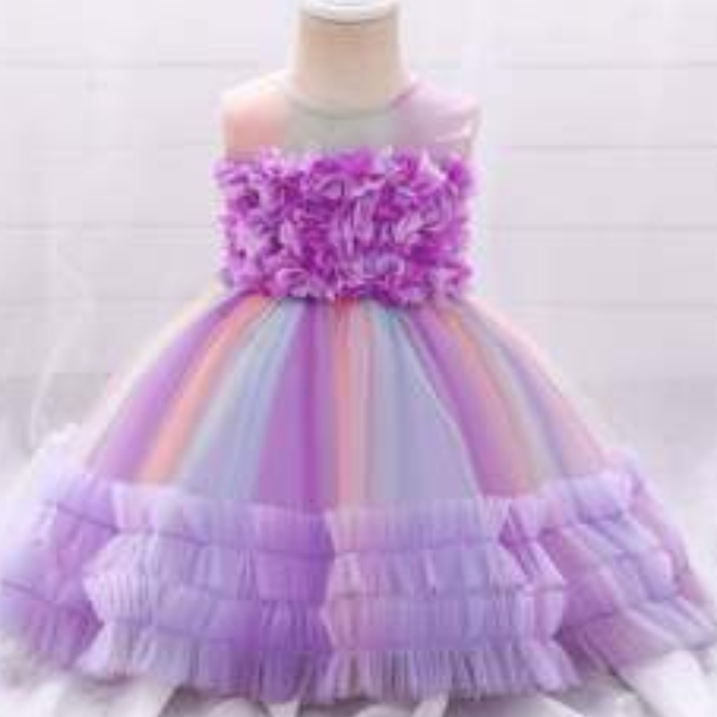 Baige New Fashion Purple Flower Girl Strój urodzinowy sukienka dziecięca