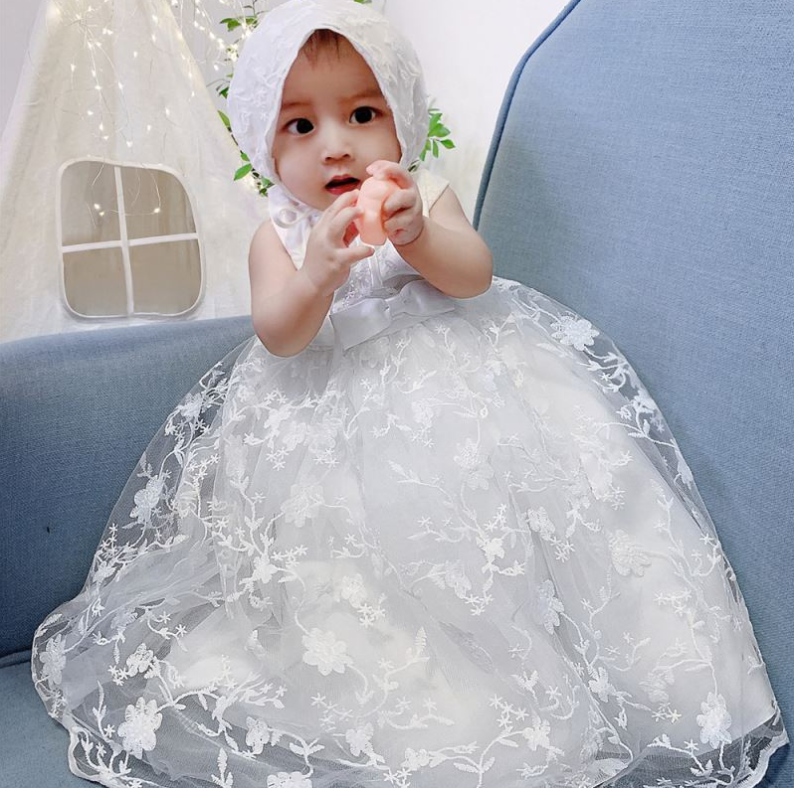 Baige New Party Girl Dress White Royal Design Noworodek Baby Chrzeż sukienki B-8873