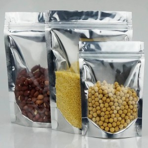 Aluminiowe torebki stojaki, czysty front z folią aluminiową, zamykanyna zamek błyskawiczny i ciepło