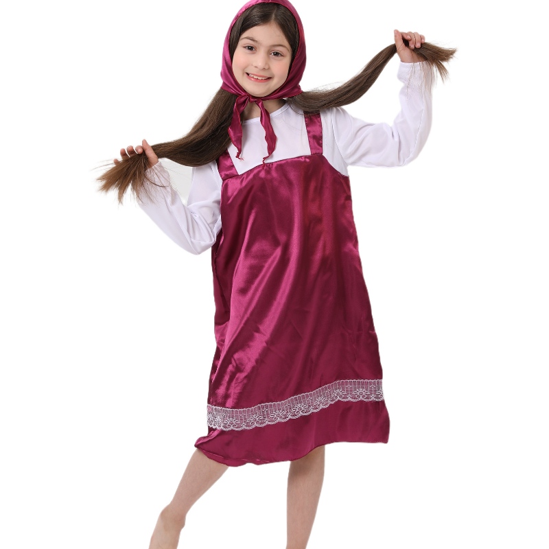 Masha and Bear Cosplay Party Stage Masquerade Children Costume Masha Silk Dress for Girl