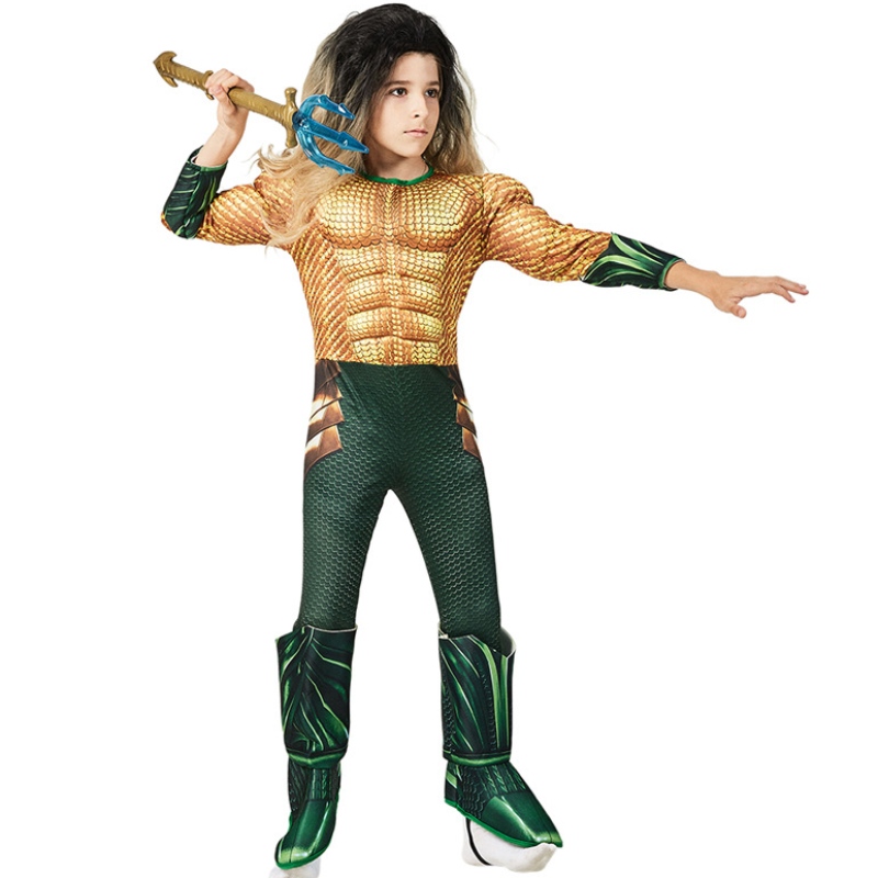 Kids Comic Superhero Aquaman Muscle Dress Up Halloween Fancy Dress Up Cosplay Costume for Child